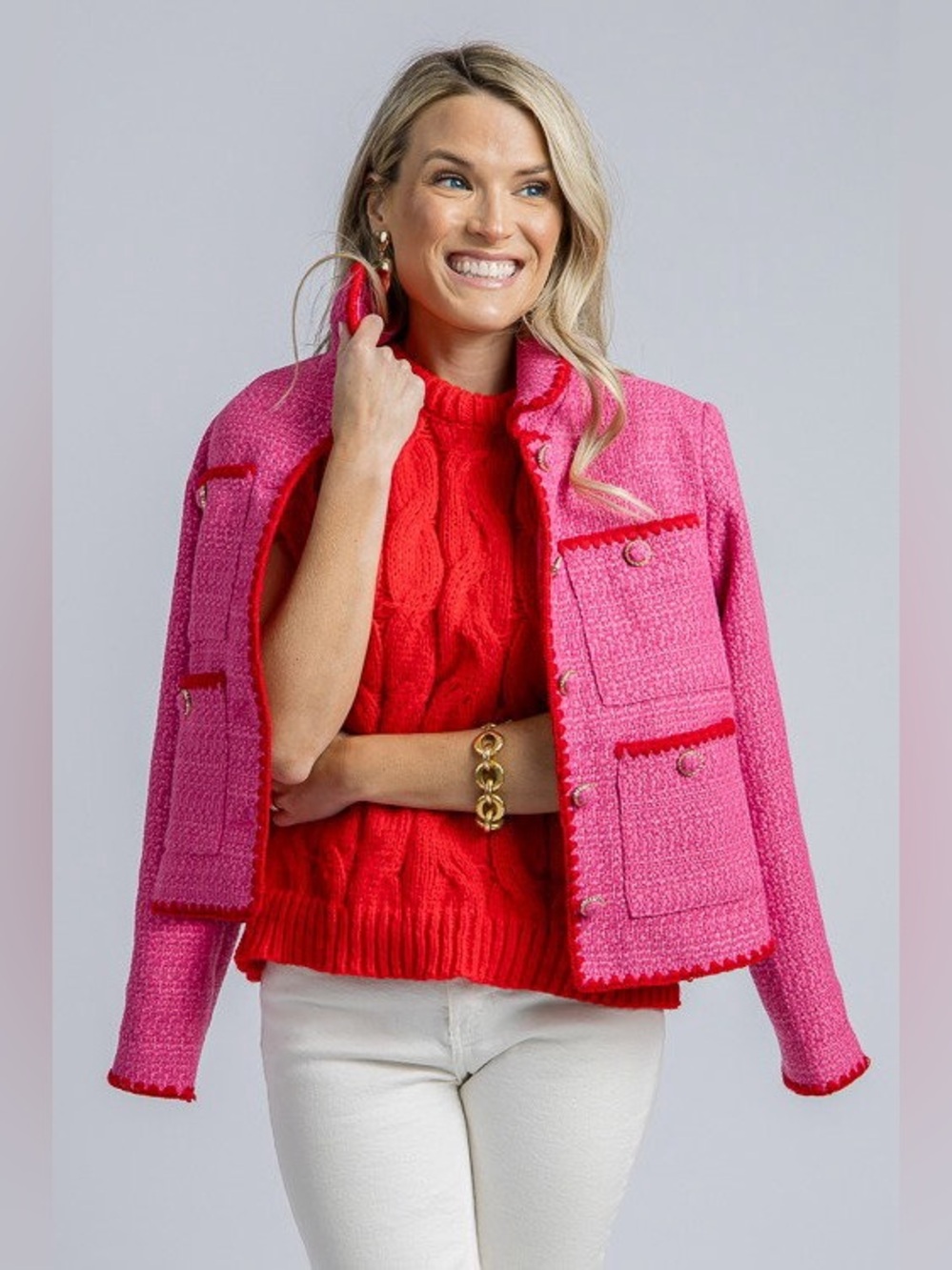 Strut & Bolt Stitch Trim Tweed Jacket Fuchsia Pink Red S NWT